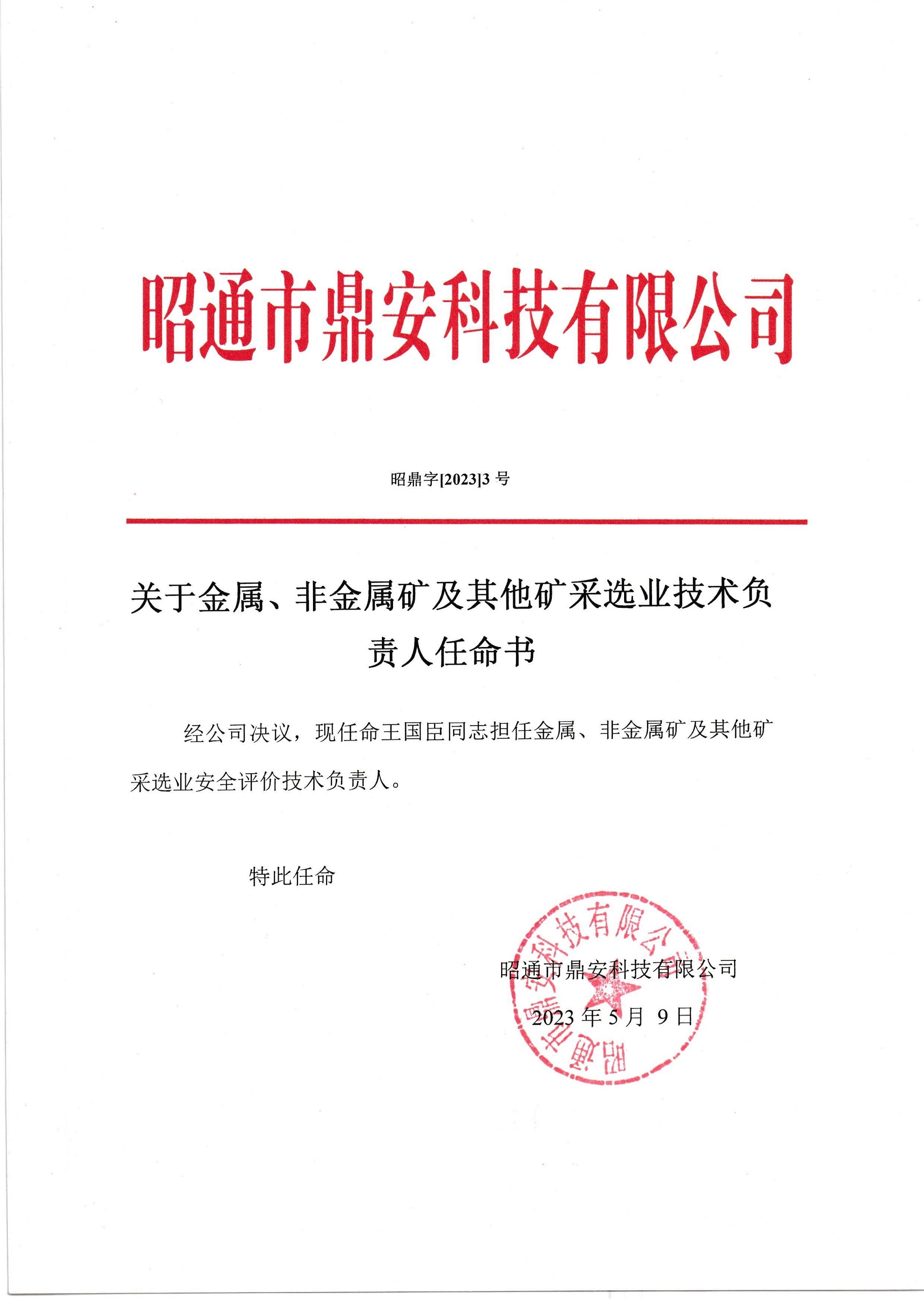 關(guān)于金屬、非金屬礦及其他礦采選業(yè)技術(shù)負(fù)責(zé)人任命書-王國臣_2.jpg